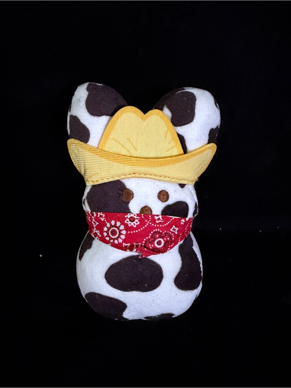 Cow Print Plush Peeps Bunny with Yellow Cowboy Hat and Red Bandana